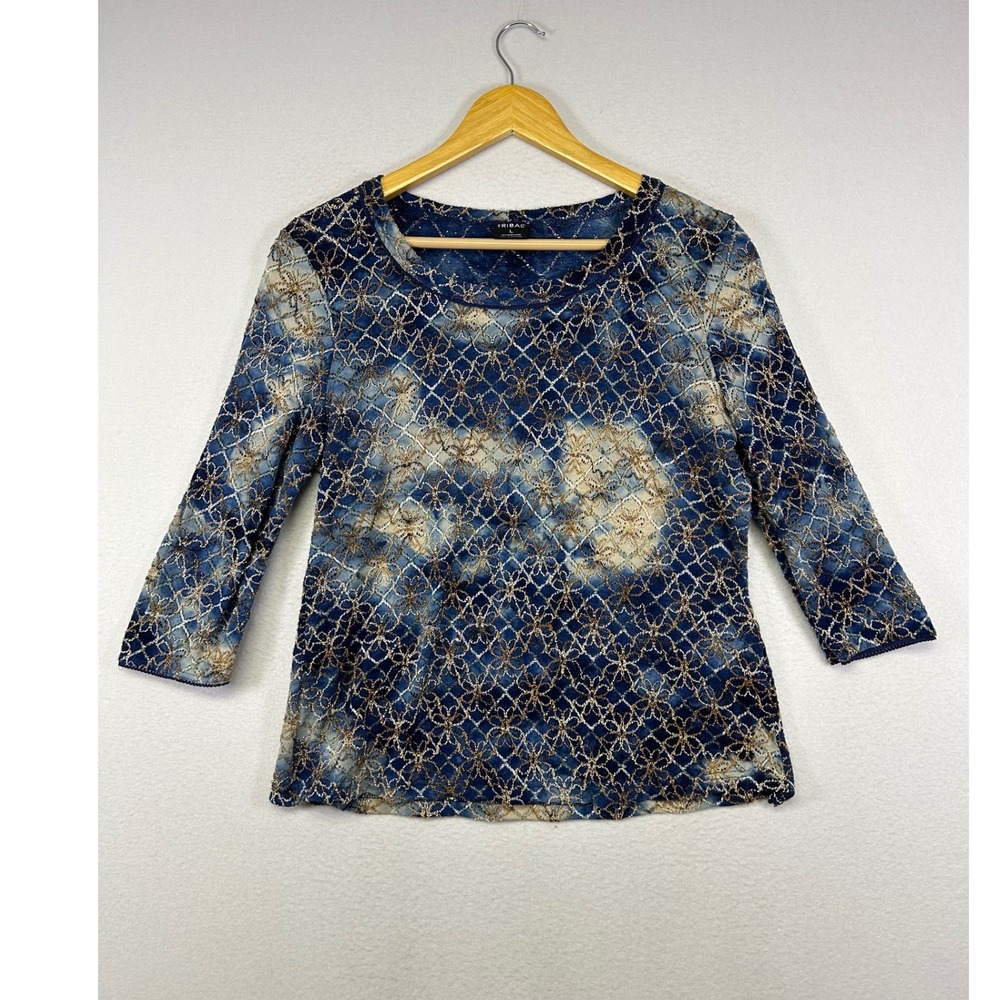 Boho Metallic Tribal Womens Large Blue Gold Floral Lace 3/4 Sleeve Top 4872O-644